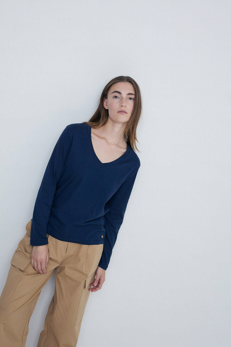 Long Sleeve cotton v neck tee in navy. 