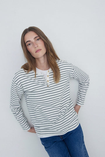 khaki and white stripe long sleeve tee with button front detail. 