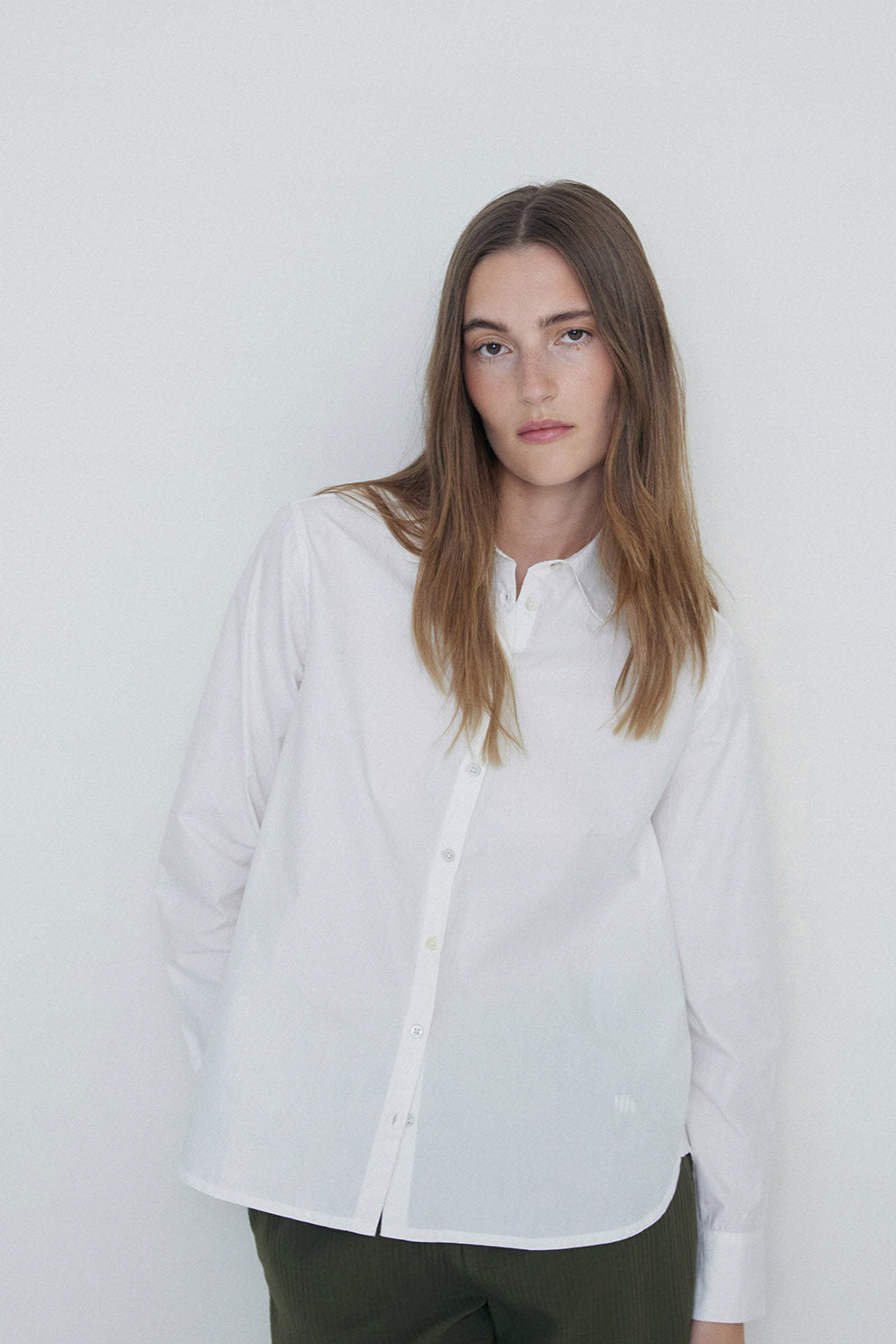 White long sleeve organic cotton shirt in white. 
