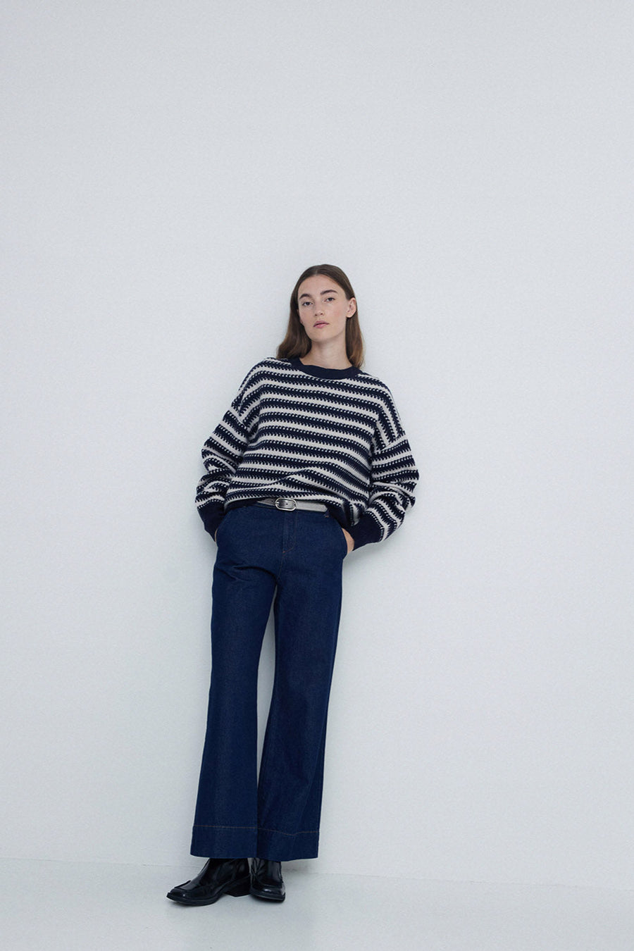 Navy and Ecru striped round neck wool sweater. 