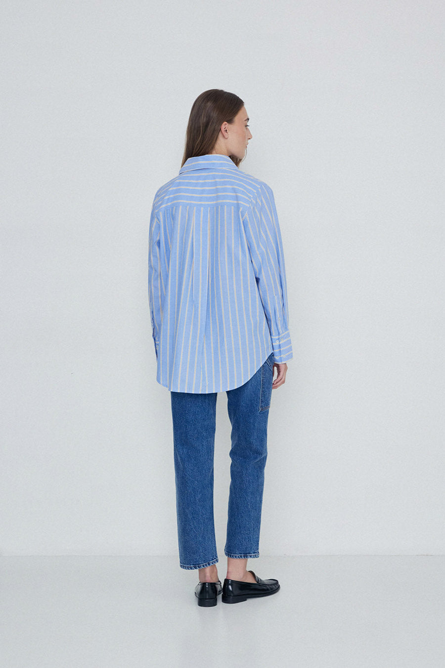 Over Size Blue and white stripe shirt.