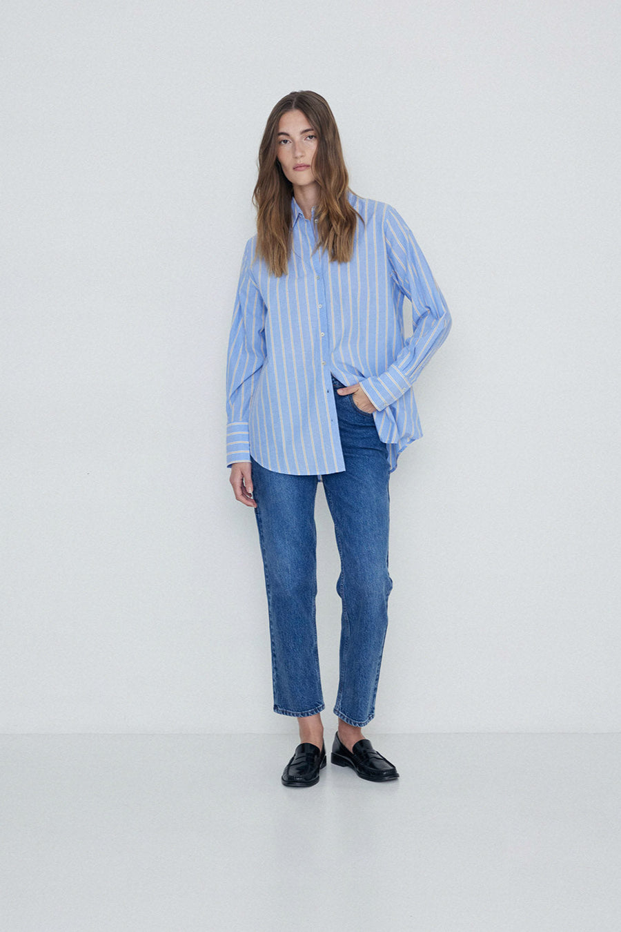 Over Size Blue and white stripe shirt.