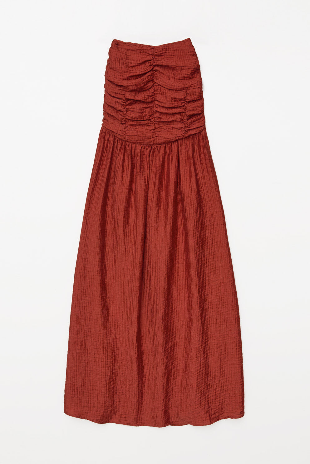 Red strapless dress with fitted bodice on a white background. 