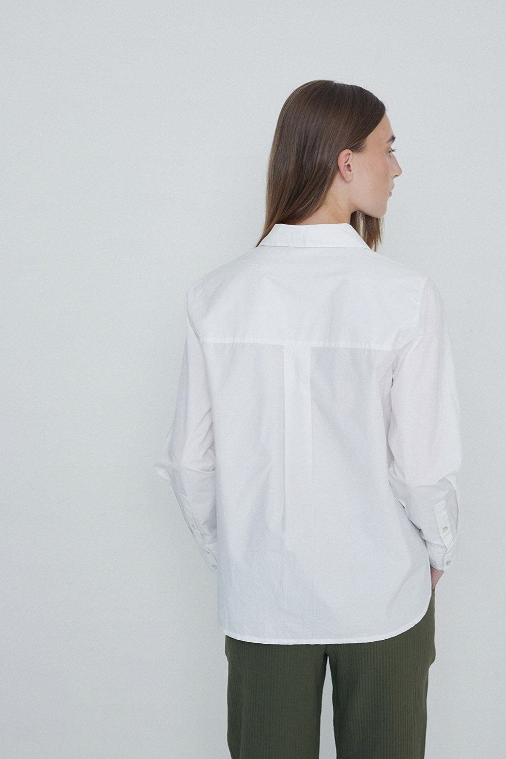 White long sleeve organic cotton shirt in white. 