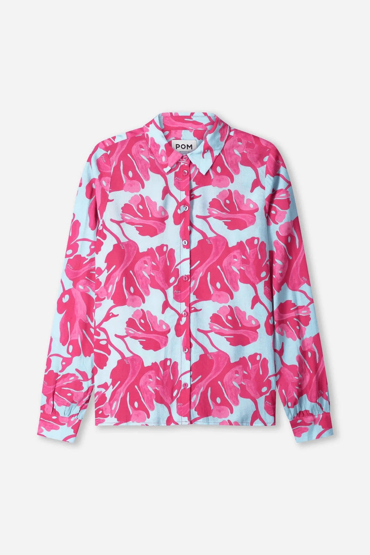 Pink  and blue long sleeve floral patterned shirt on a white background