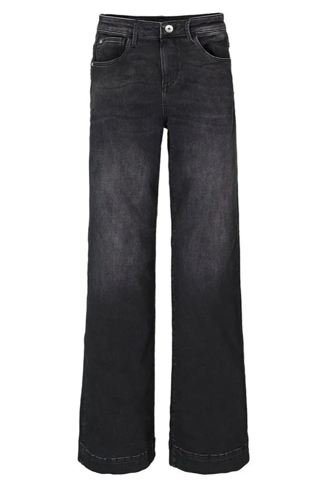 Black wide-leg jeans on a white background