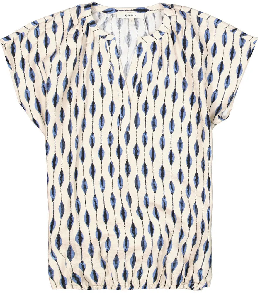Short-sleeve blouse with blue and white pattern on a white background