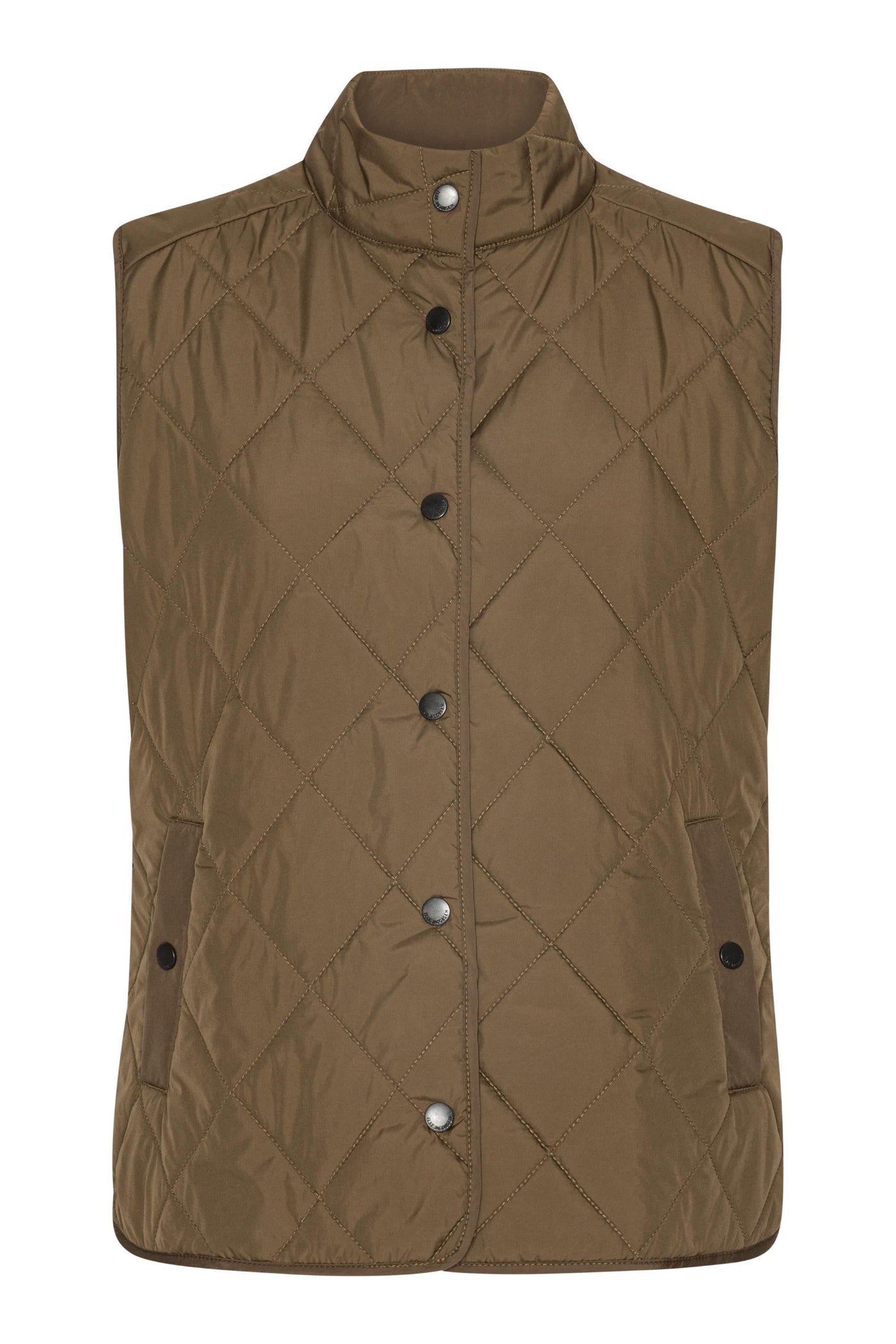 Brown quilted vest with button details on a white background