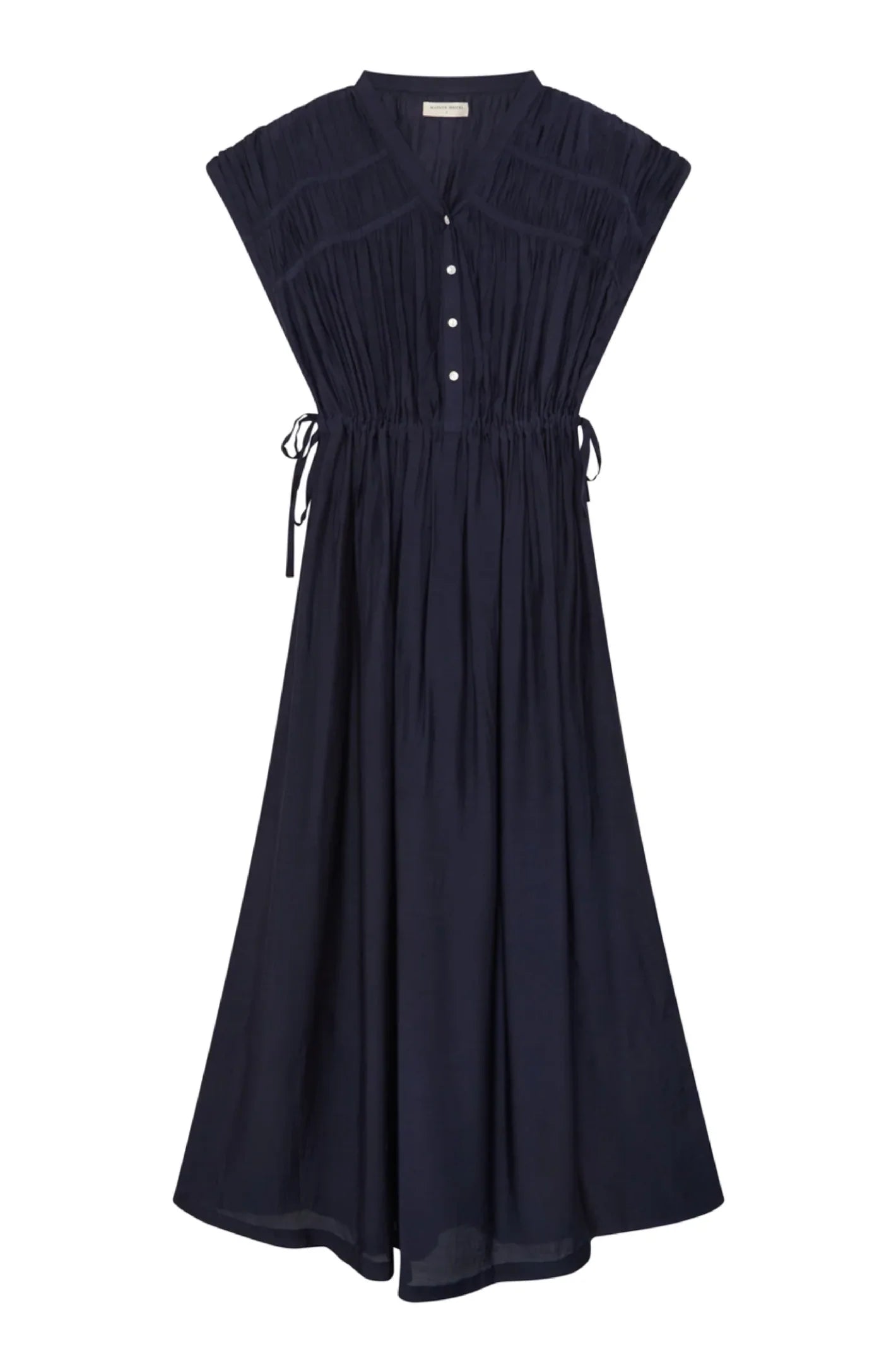 navy sleeveless maxi dress with buttons on a white background