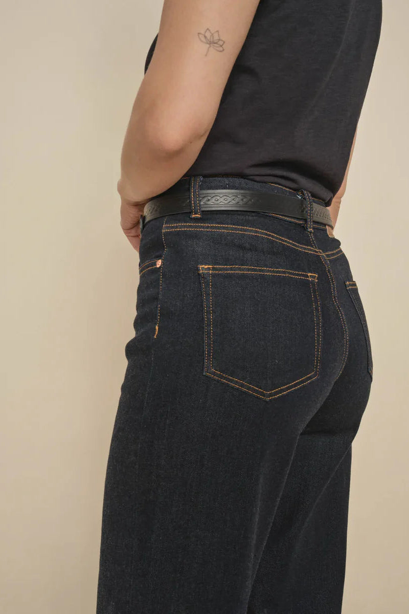 Dark Blue Jean with flattering wide-leg fit and high rise.