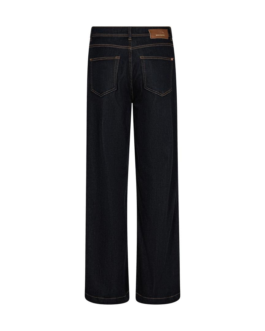 Dark Blue Jean with flattering wide-leg fit and high rise. Back Pockets. 