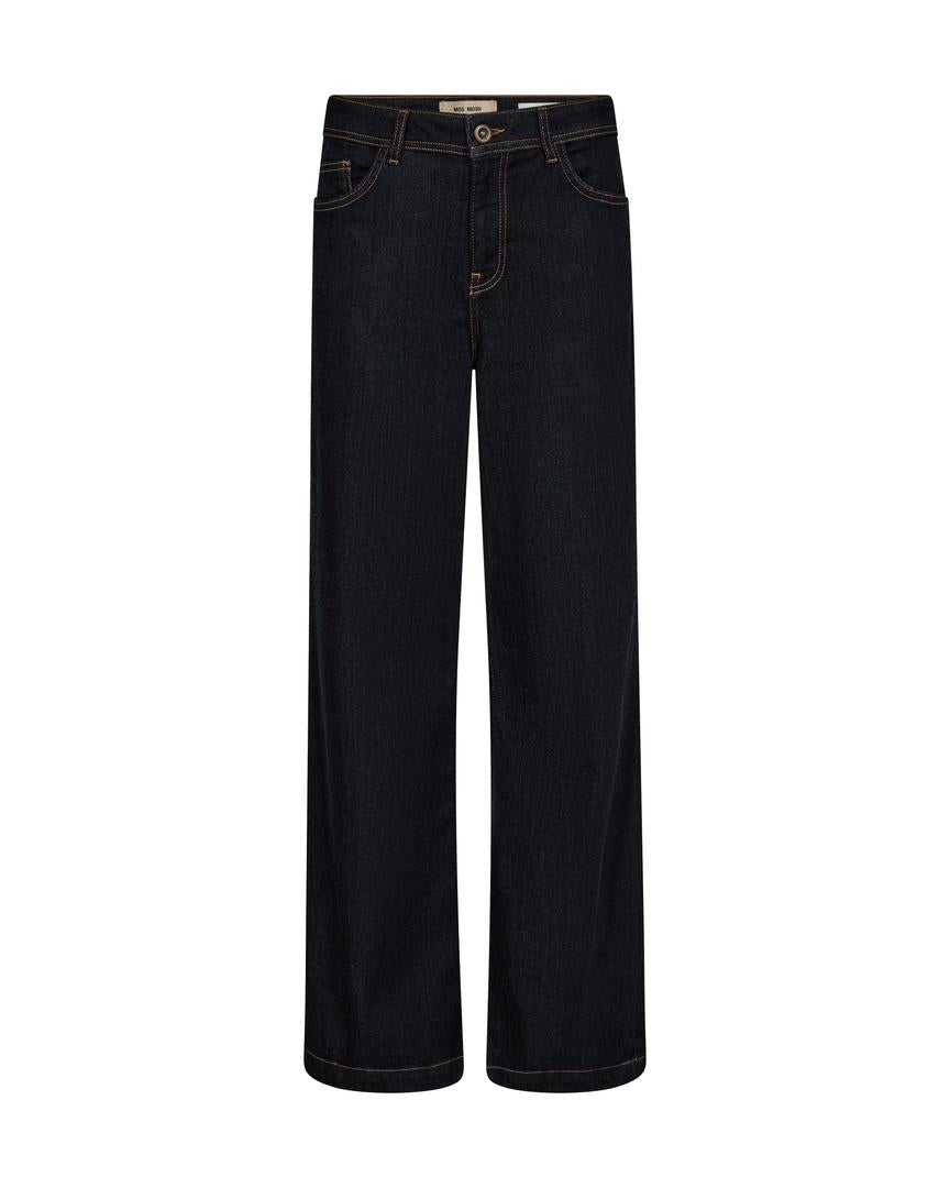 Dark Blue Jean with flattering wide-leg fit and high rise.