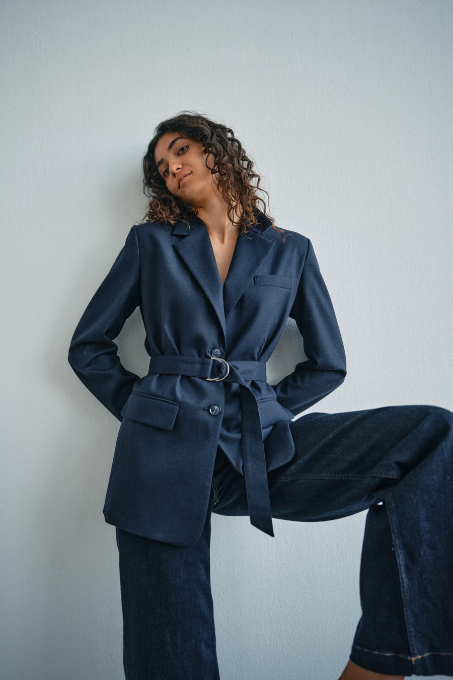 Dark Blue Jean with flattering wide-leg fit and high rise.