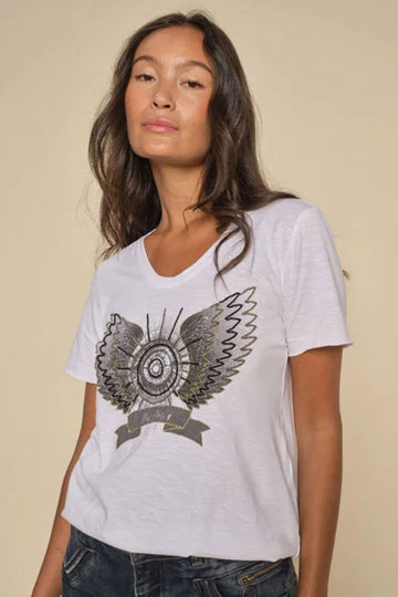 White tee with black and gold motif 