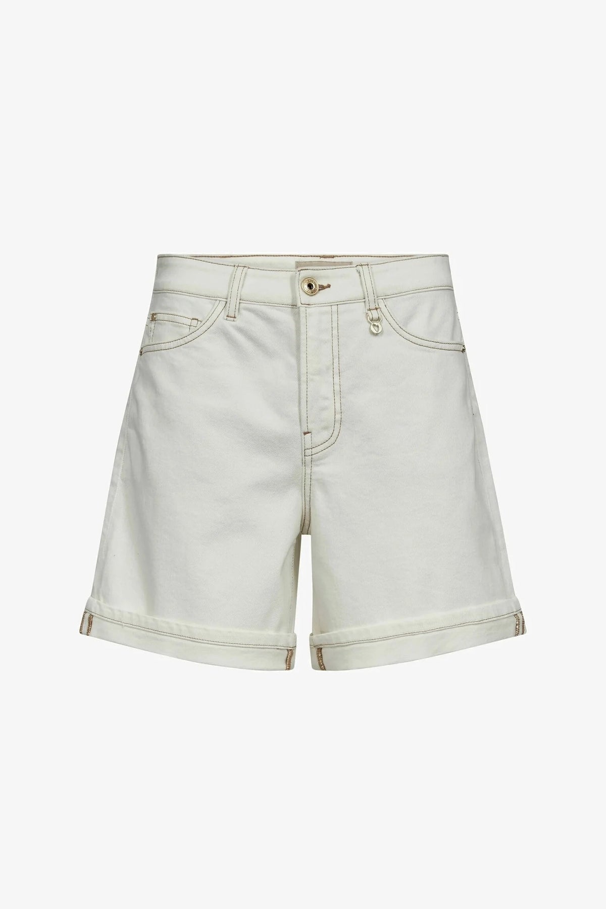 A pair of Ecru denim shorts with rolled hems, displayed flat against a solid white background.