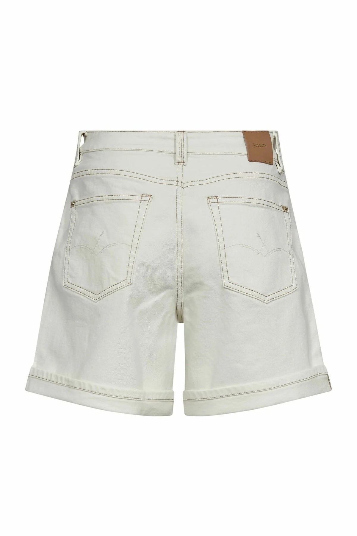 Back view of ecru denim shorts with contrast stitching, dual back pockets, and a brown leather patch on the waistband, shown on a plain white background.