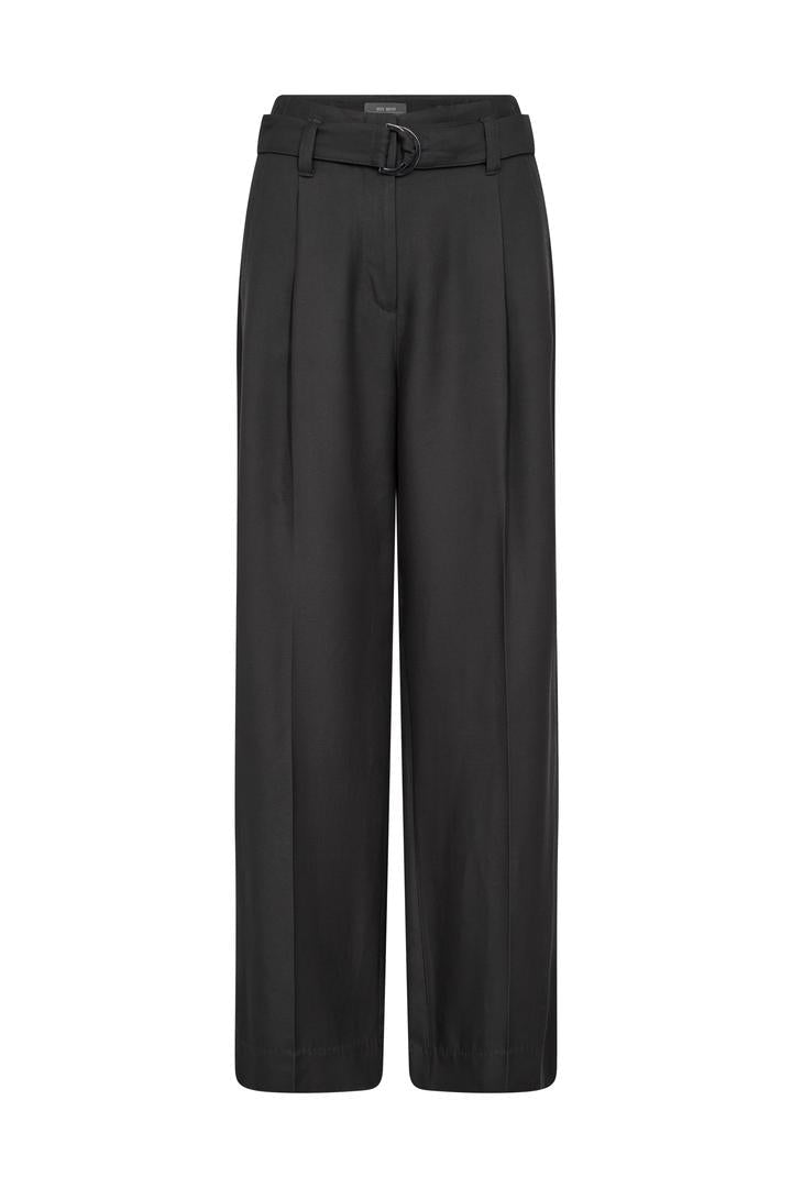 Wide leg black look trouser with front pleats and belt with silver buckle. 