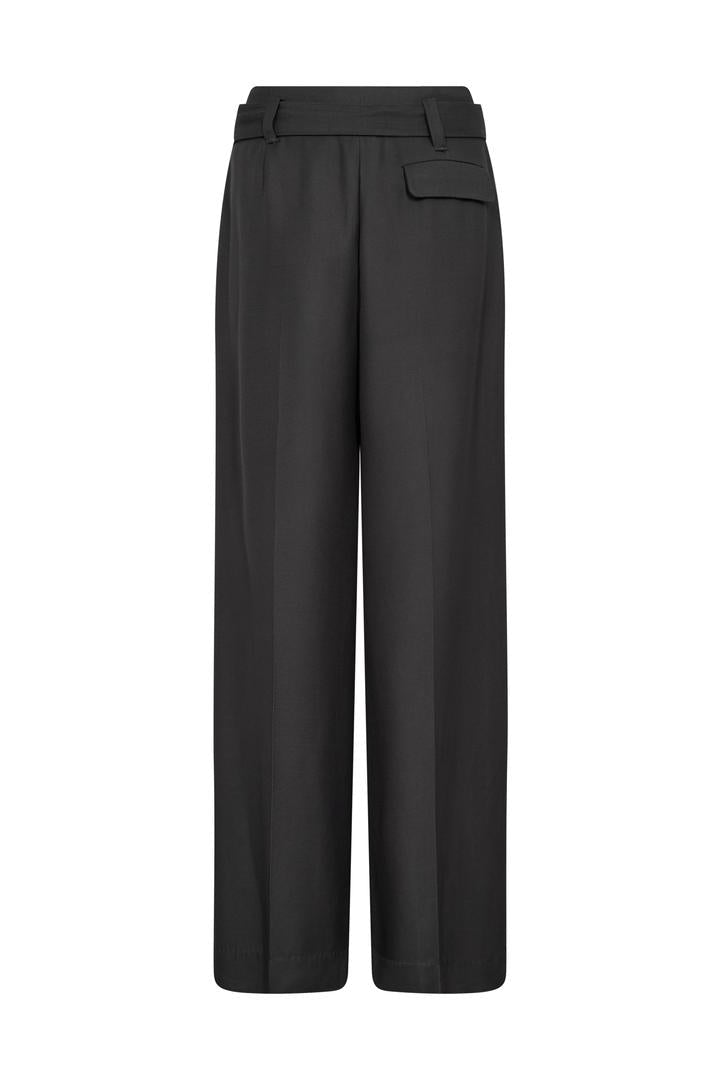 Wide leg black look trouser with front pleats and belt with silver buckle. 