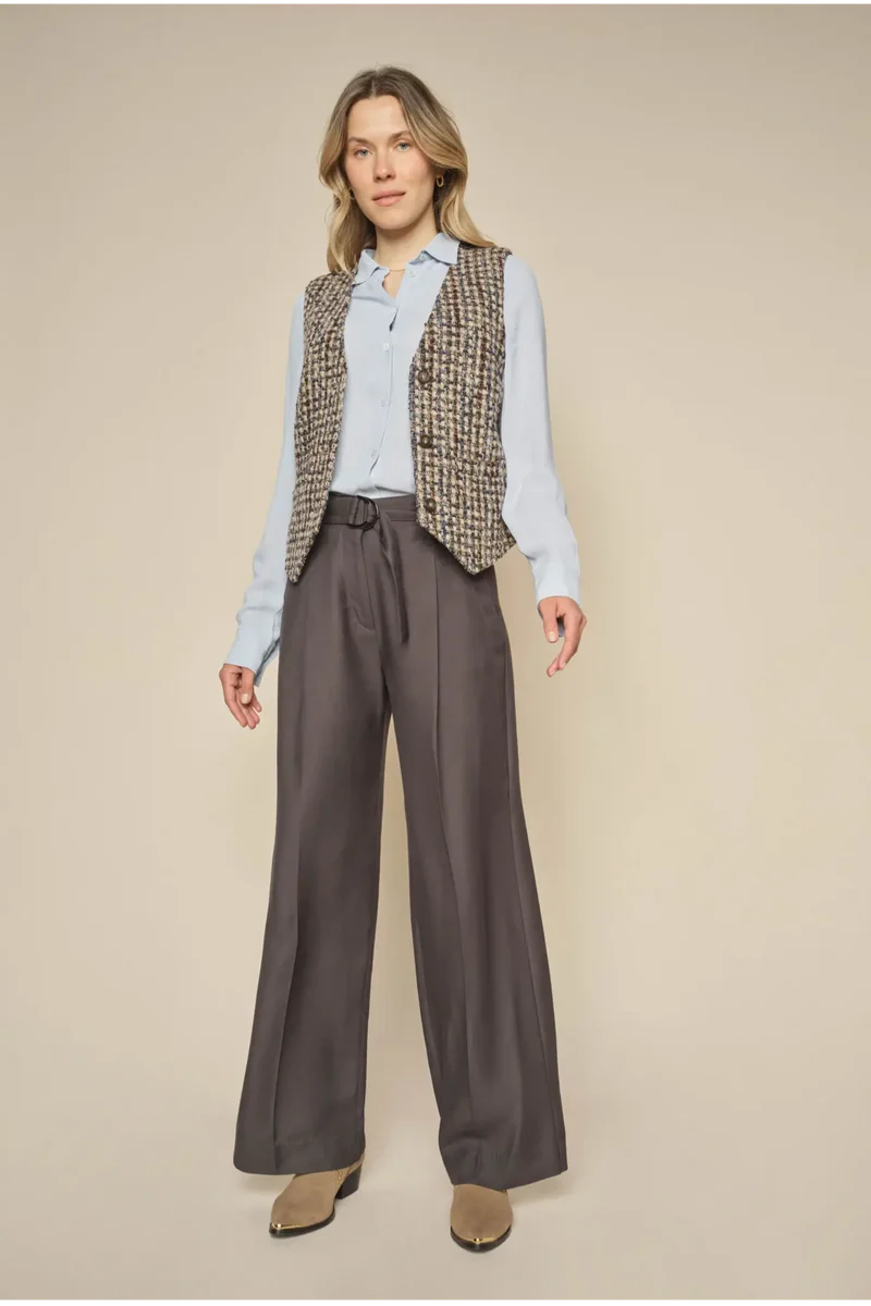 Wide leg black look trouser with front pleats and belt with silver buckle. 