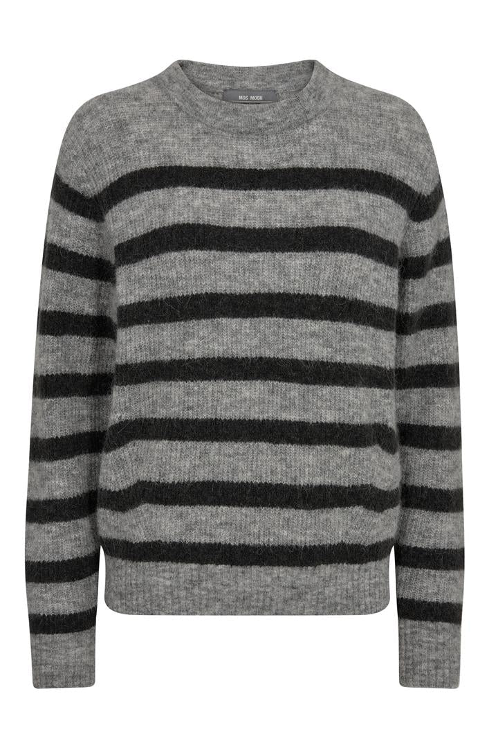 Crew Neck Knit Sweater with timeless charcoal base with darker grey stripe detail. 