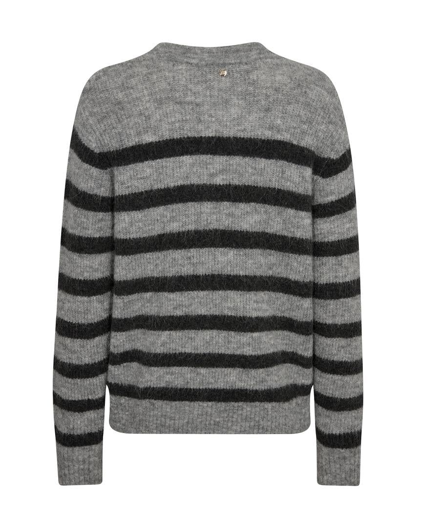 Crew Neck Knit Sweater with timeless charcoal base with darker grey stripe detail. 
