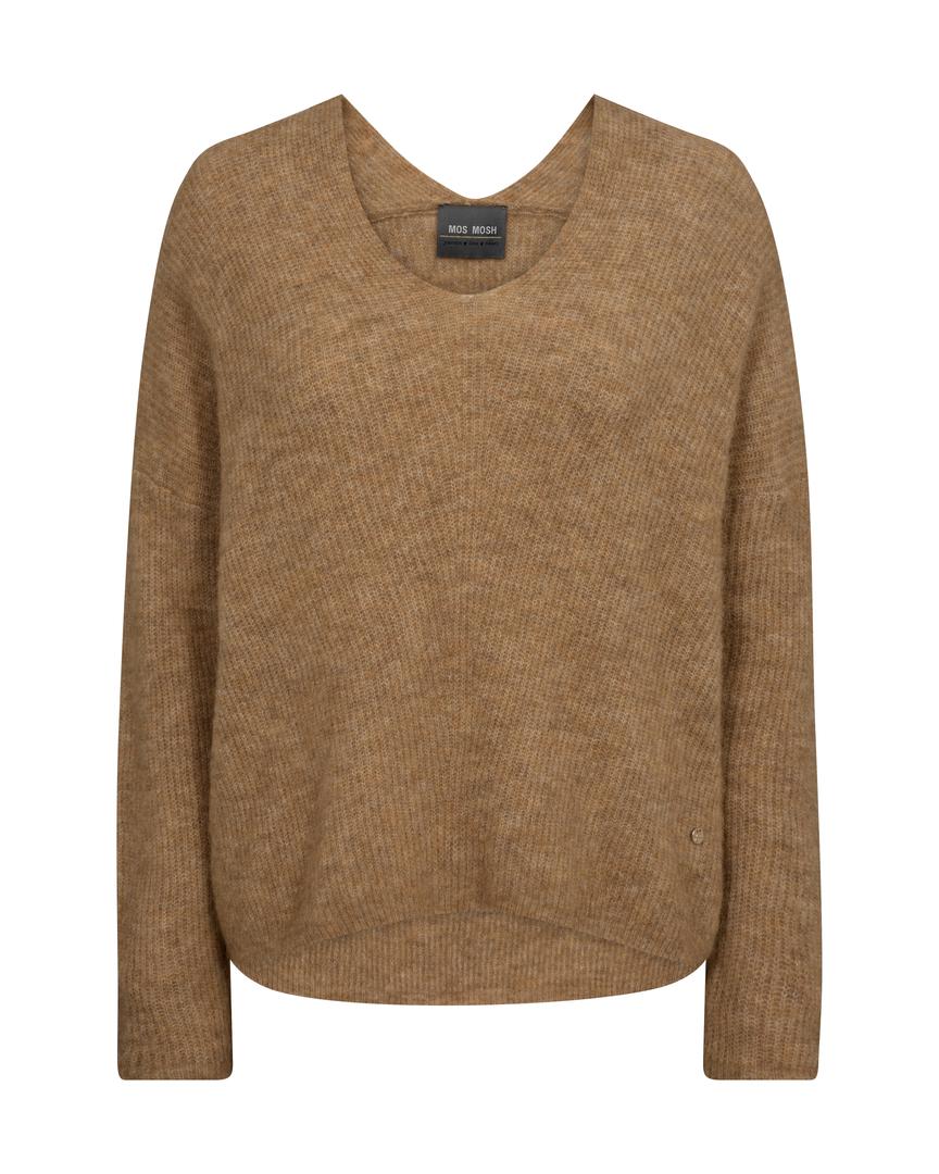 V Neck long sleeve sweater in tan with over size fit and rib detail. 