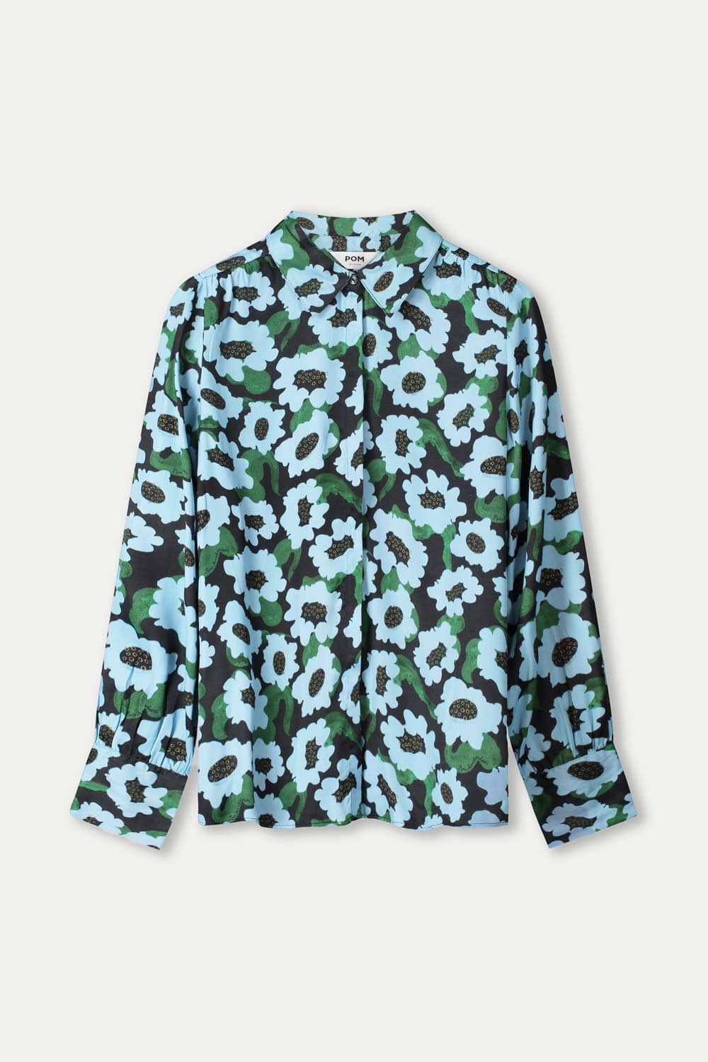 Blue floral patterned shirt with green and black on a white background