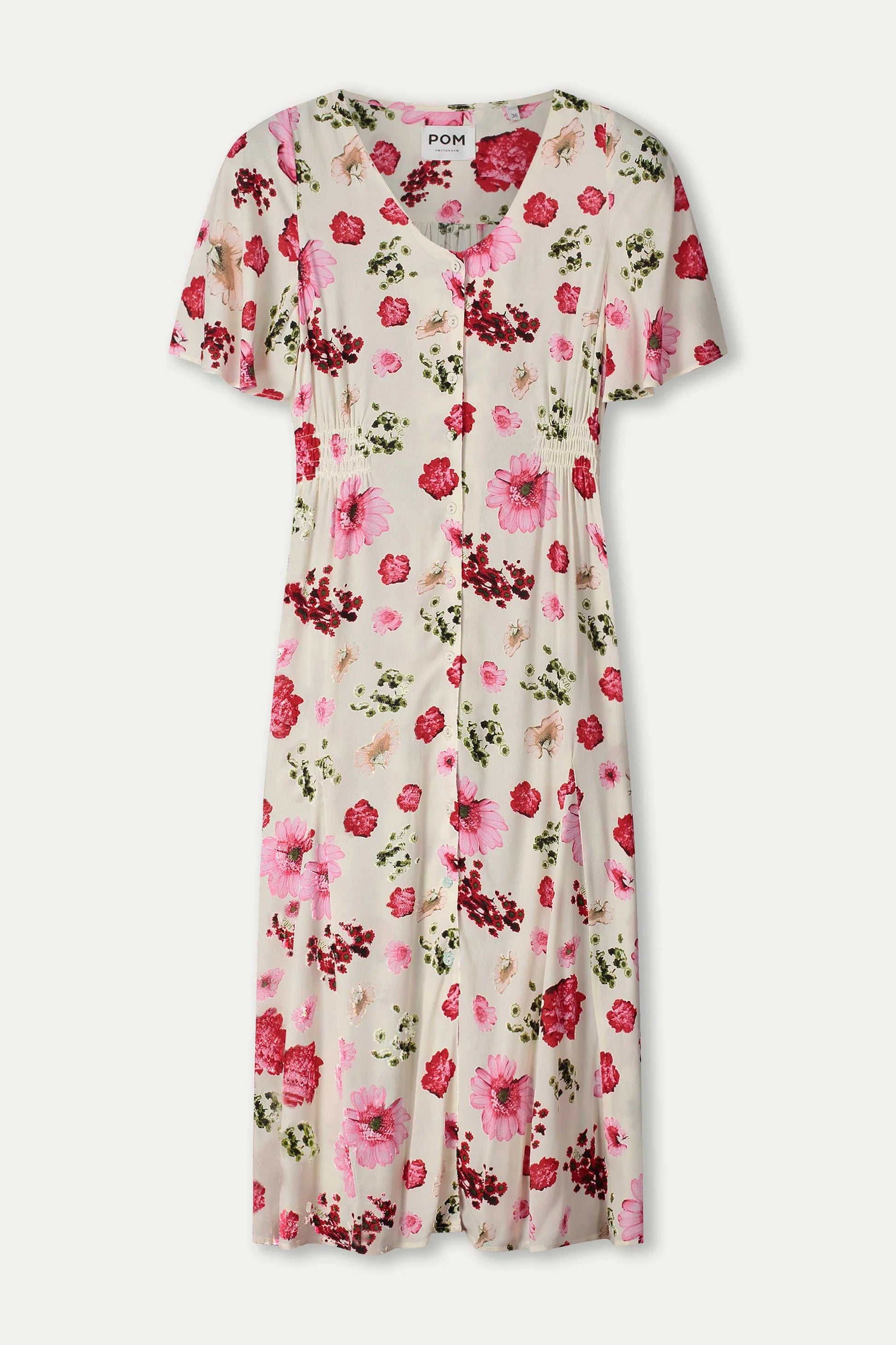  floral short sleeve midi dress on a white background