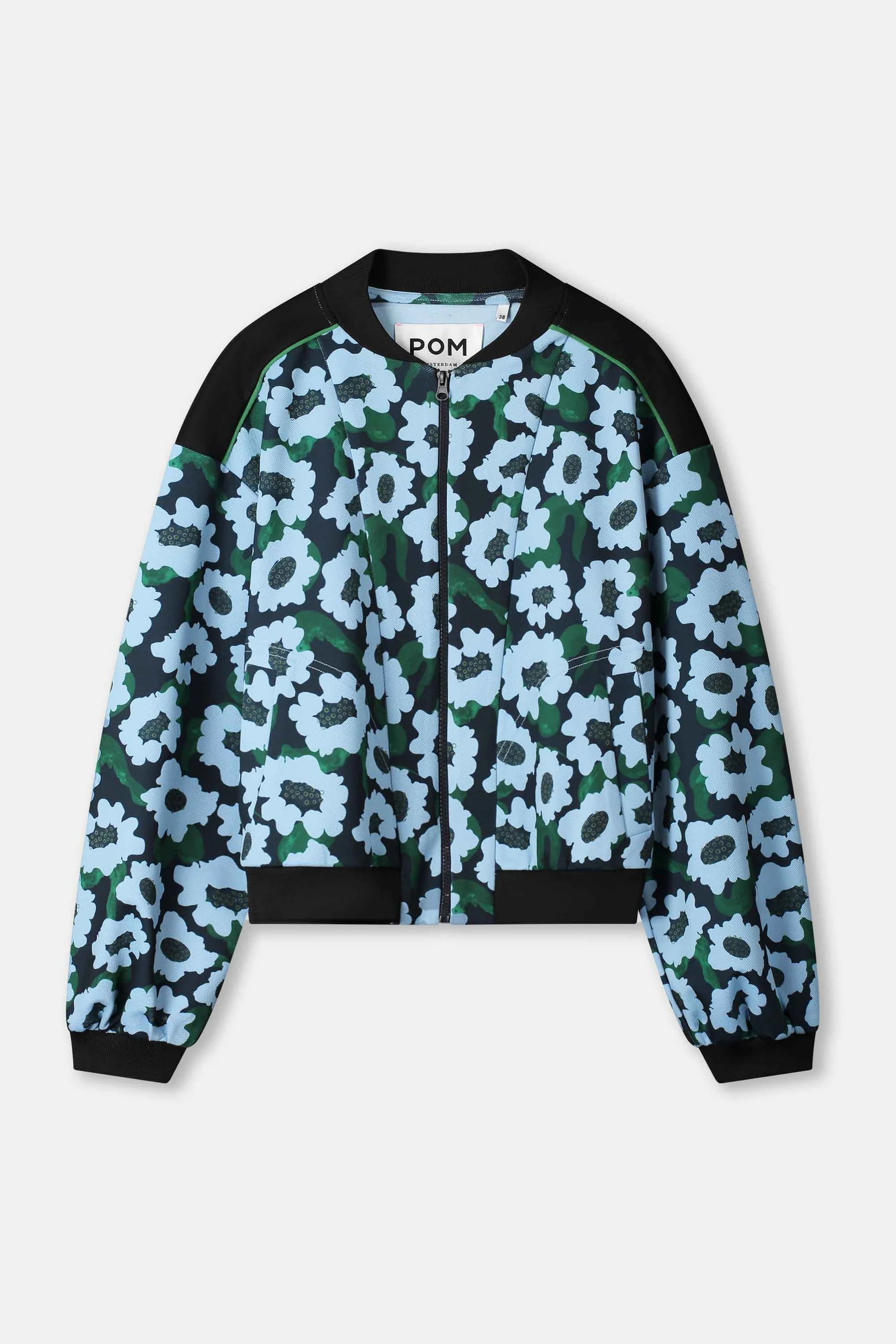 Blue floral patterned bomber jacket with black hem and cuffs on a white background