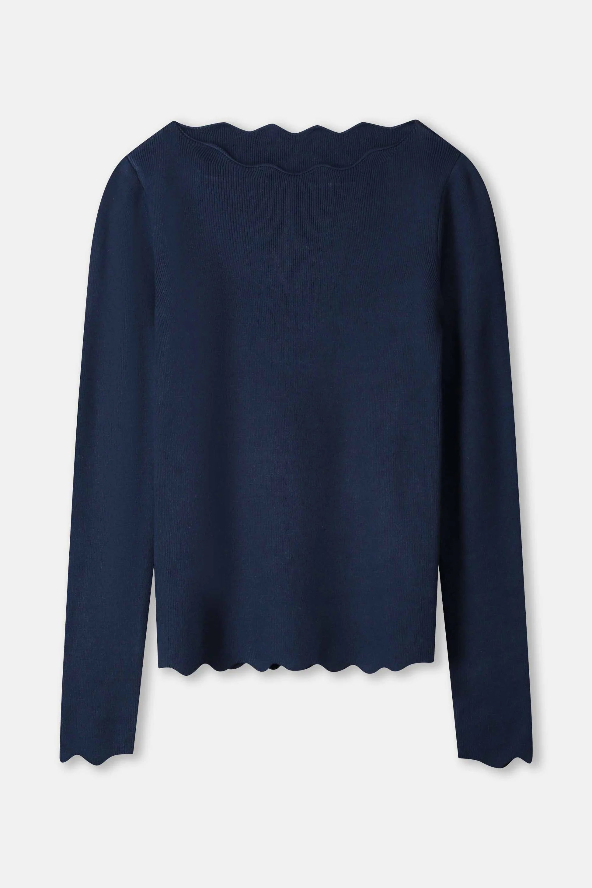 Navy blue long-sleeve top with scalloped hem on a light gray background