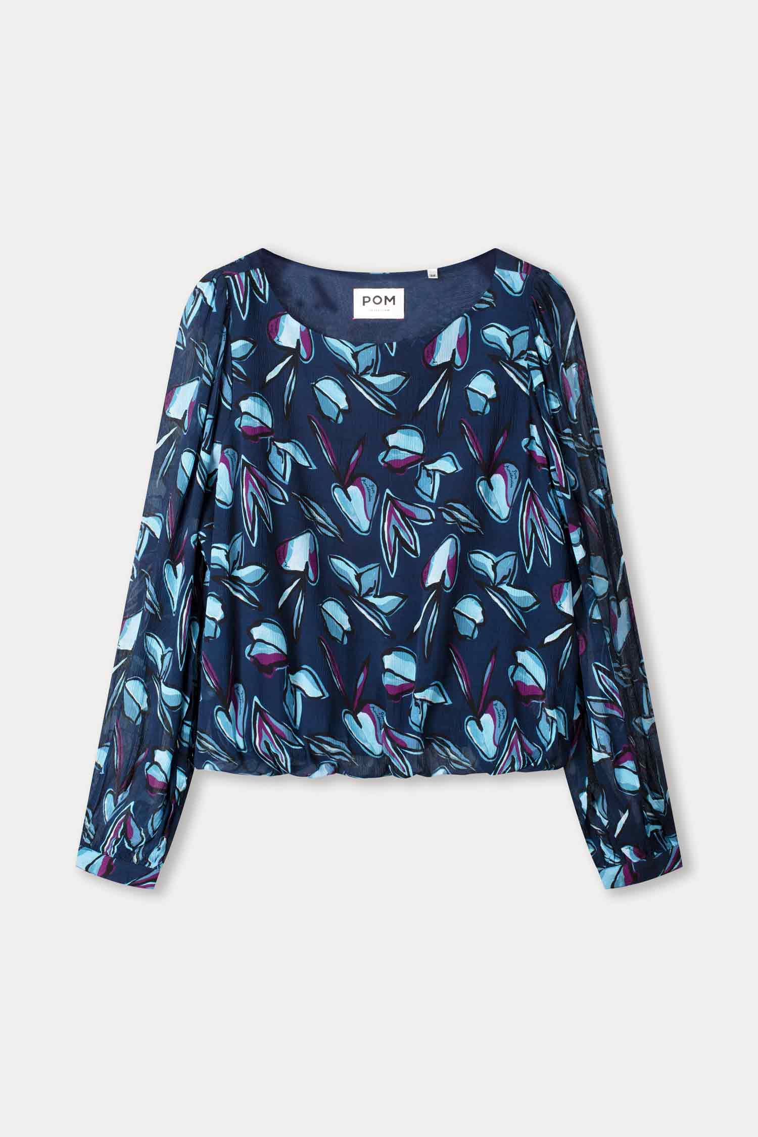 Navy blue long-sleeve top with colorful floral pattern on a white background