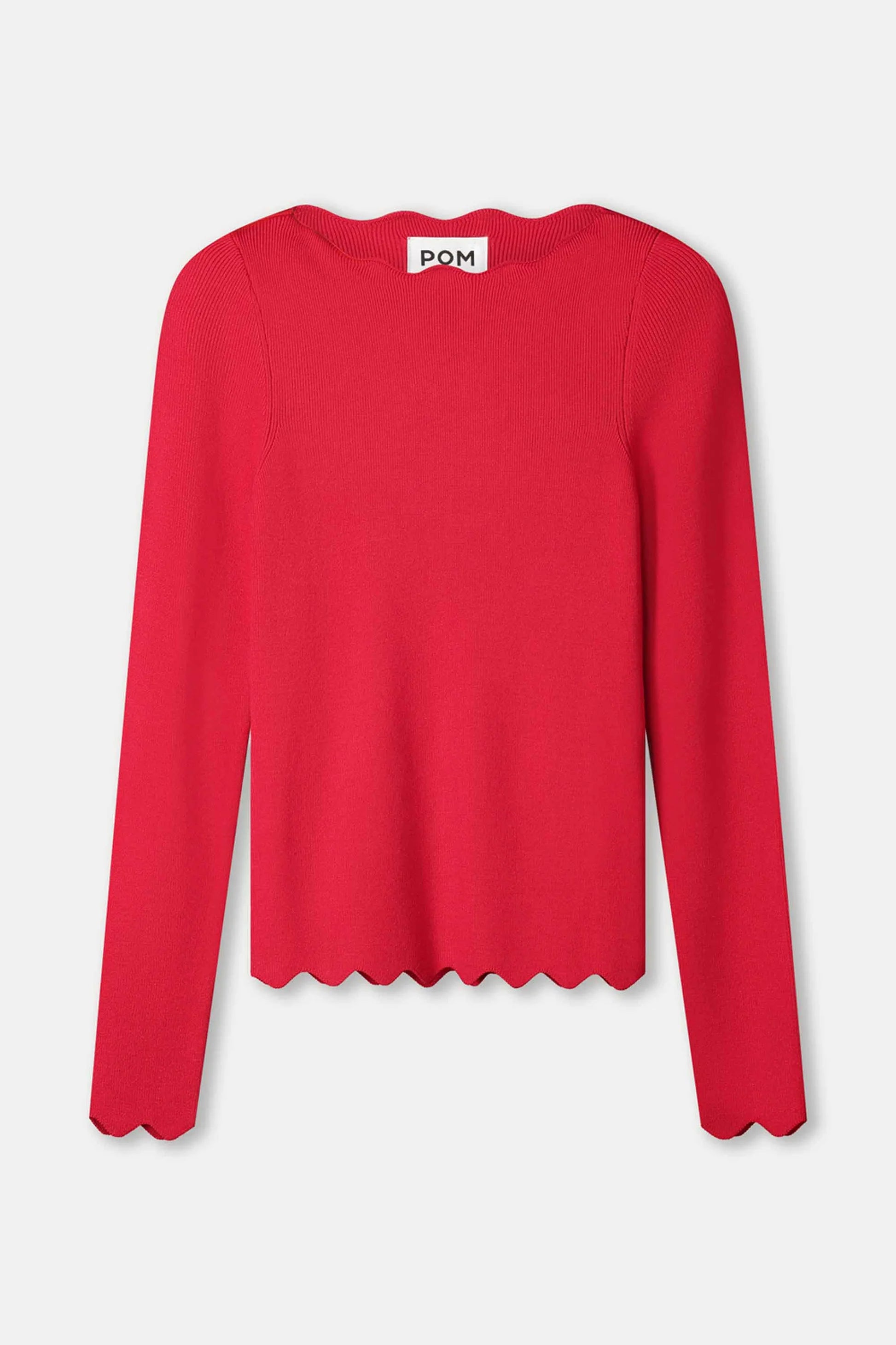 Red sweater with scalloped hem and neckline with long sleeves on a white background