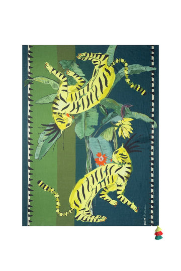 100% cotton scarf in 3 shades of green, has 2 yellow tigers on the front of a banana plant.  Tassel in pink, green and yellow,. 